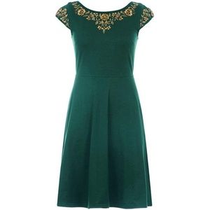 Floral embellished cotton knit dress green & gold